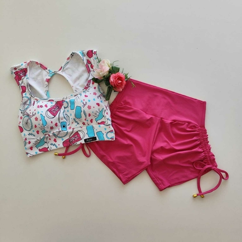 Conjunto Short Fúchsia Cadarço Lateral Top Jane Estampa Bicicleta