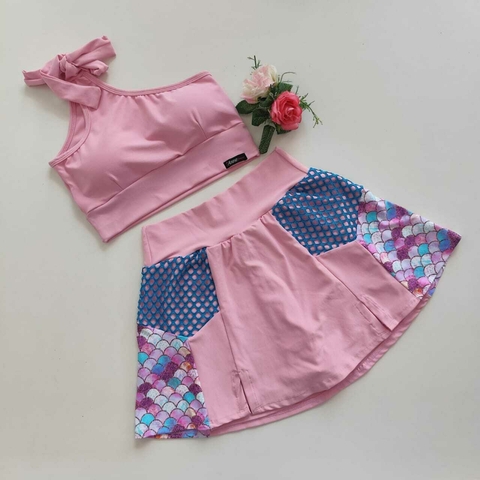 Conjunto Short Saia Rosa Prims Detalhe Tela e Estampa Picolé Top Mavie