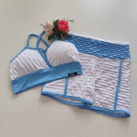 Conjunto Short Jacquard Branco Viés Porcelana Blue Top Maria
