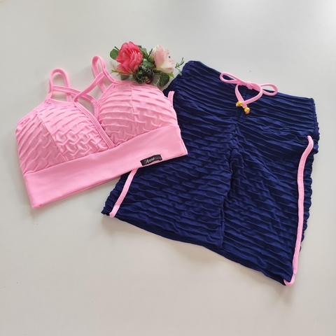 Conjunto Short Jacquard Marinho Viés Bubbaloo Top Andressa