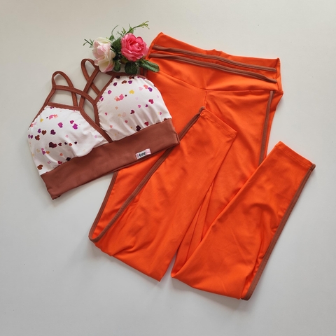 Conjunto Calça Laranja Viés Chutney Top Andressa Coração