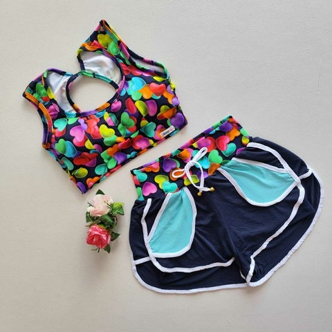 Conjunto Short Duplo Dry Fit Nave Cós Coração Top Jane