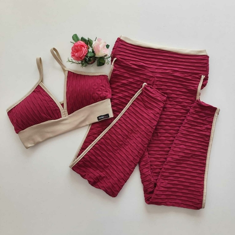 Conjunto Calça Jacquard Marsala Viés Pérola Top Mara