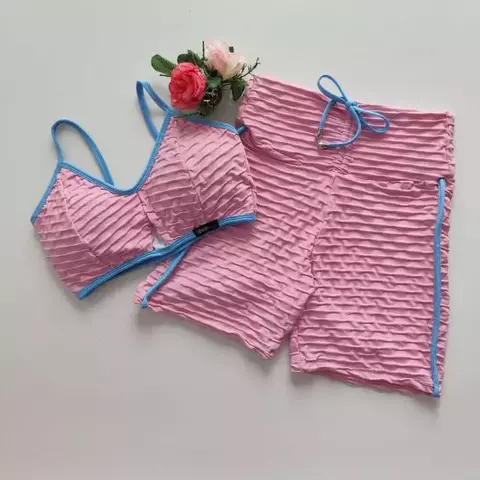 Conjunto Short Jacquard Rosa Prims Viés Porcelana top Jade SEM EMPINA BUMBUM