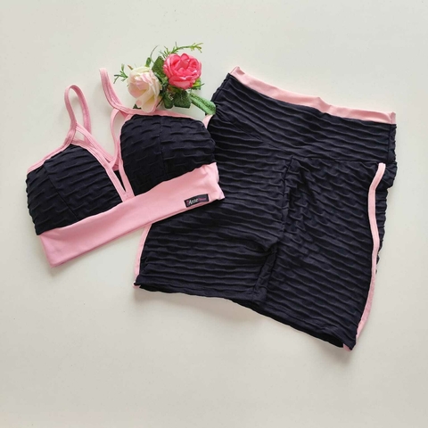 Conjunto Short Preto Viés Rosa Prims Top Magali