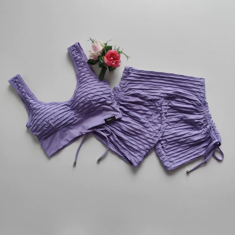Conjunto Short Jacquard Lavanda Cadarço Lateral Top Clara