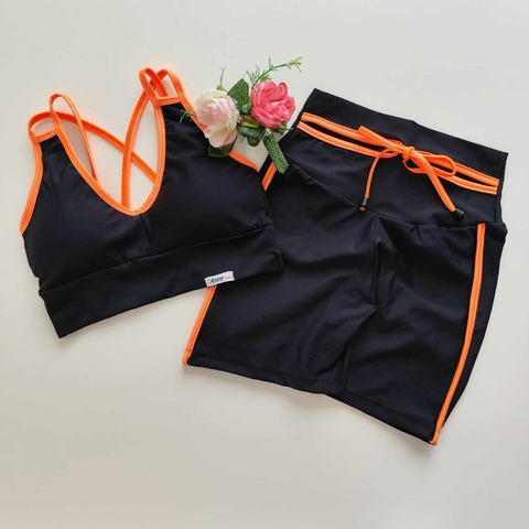 Conjunto Short Preto Viés Laranja Néon Top Nina