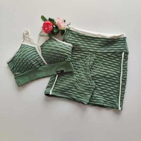 Conjunto Short Jacquard Verde Jade Viés Off White Top Andressa
