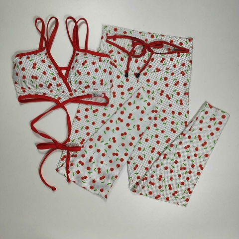 Conjunto Calça Cereja Fundo Branco Top Nina Amarração - comprar online
