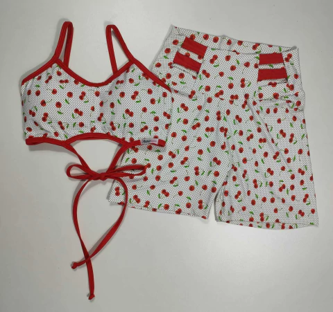 Conjunto Short Cereja Fundo Branco Detalhe Cós Top Thay Amarração