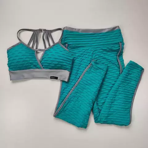 Conjunto Calça Jacquard Verde Spectra Viés Chumbo Top Mariana SEM EMPINA BUMBUM