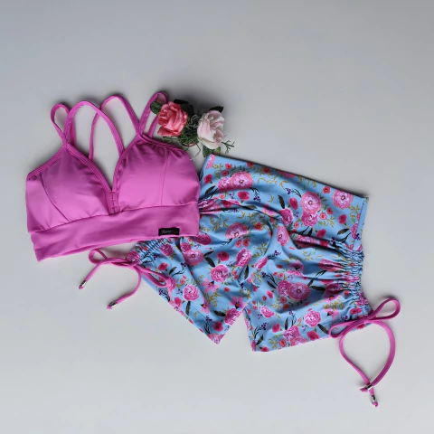 Conjunto Short Floral Cadarço Lateral Top Margarida SEM EMPINA BUMBUM