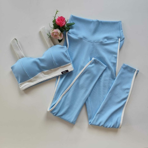 Conjunto Calça Canelado Sky Blue Viés Off White Top Dany