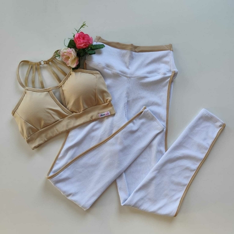 Conjunto Calça Canelado Branco Viés Bege Top Mariana Suplex SEM EMPINA BUMBUM