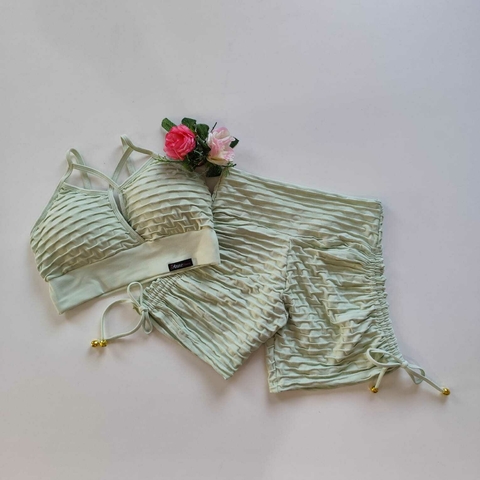 Conjunto Short Jacquard Pistache Cadarço Lateral Top Andressa