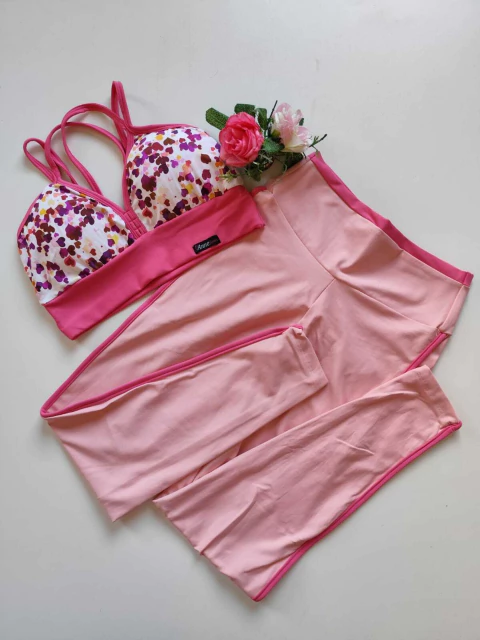 Conjunto Calça Quartz Pink Viés Hot Pink Top Margarida Corações