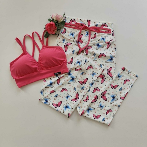 Conjunto Calça Borboletas Decote Top Margarida Hot Pink