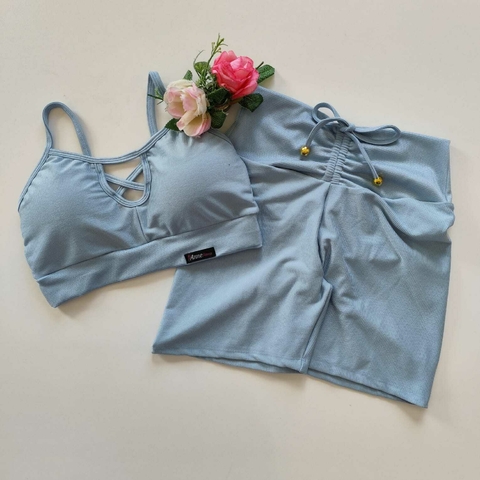 Conjunto Short Aveludado Azul Mirante Top Dalila - comprar online