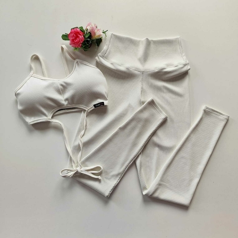 Conjunto Calça Canelado Off White Cós Simples Top Thay Amarração SEM EMPINA BUMBUM