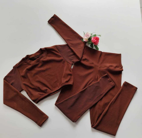 Conjunto Calça Canelado Capuccino Top Manga Longa Gola Alta SEM EMPINA/SEM BOJO