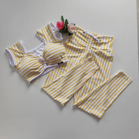 Conjunto Calça Listras Amarelo Top Ciganinha