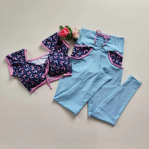 Conjunto Calça Sky Blue Bolso Top Ciganinha Borboleta