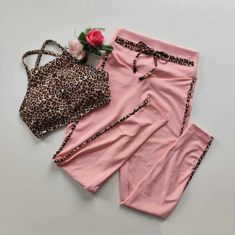 Conjunto Calça Quartz Pink Viés Onça Top Thayz SEM EMPINA BUMBUM