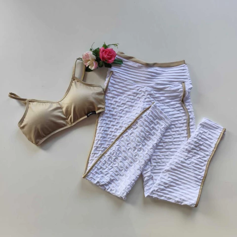 Conjunto Calça Jacquard Branco Viés Pérola Top Luz