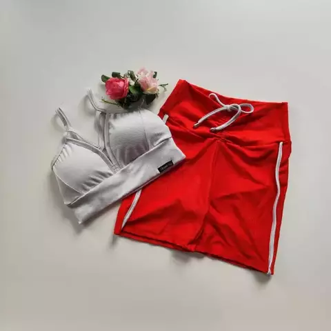 Conjunto Short Aveludado Vermelho Viés Gray Top Magali SEM EMPINA BUMBUM