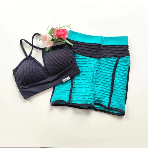 Conjunto Short Jacquard Verde Spectra Viés Preto Top Mara SEM EMPINA BUMBUM