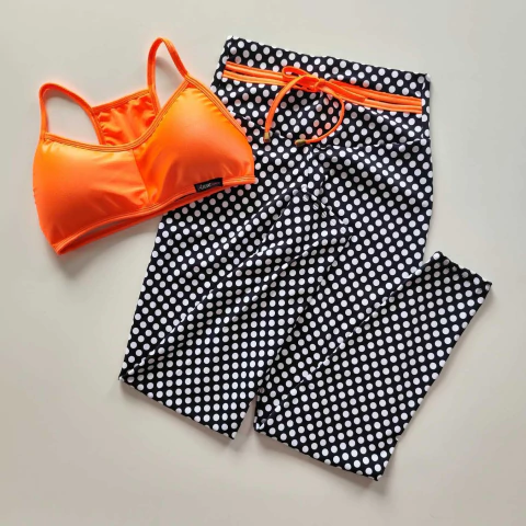 Conjunto Calça Poá Decote Top Josy Laranja Néon