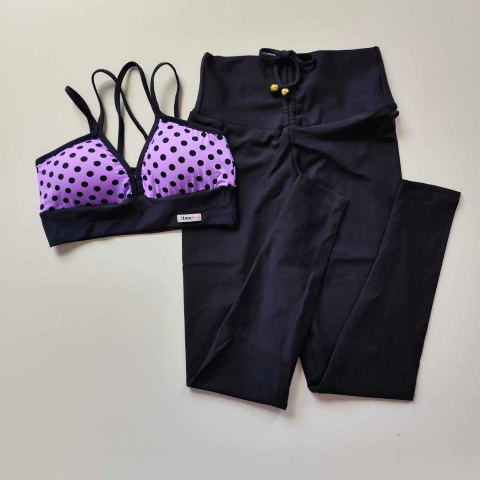 Conjunto Calça Cós Cadarço Suplex Preto Top Margarida Poá Lilás - comprar online