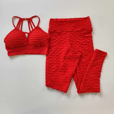Conjunto Calça Jacquard Vermelho Cós Simples Top Mariana