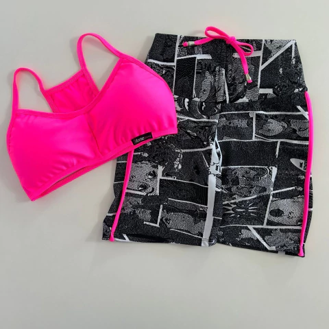 Conjunto Short Jacquard Cartoon Viés Néon Top Josy