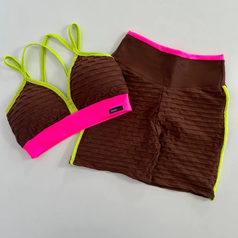 Conjunto Short Jacquard Capuccino Viés Néon Top Margarida