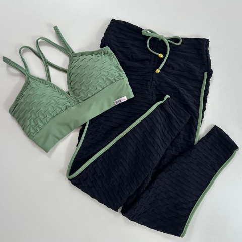 Conjunto de Calça Jacquard Preto Viés Verde Jade Top Margarida - comprar online