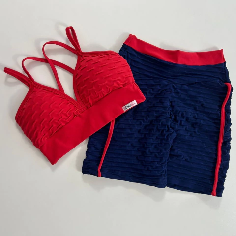 Conjunto Short Jacquard Azul Marinho Viés Vermelho Top Margarida - comprar online