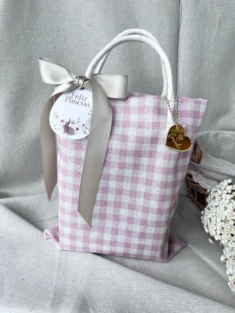 05 Sacolas Ecobag de Linho Estampado Xadrez Rosa - comprar online