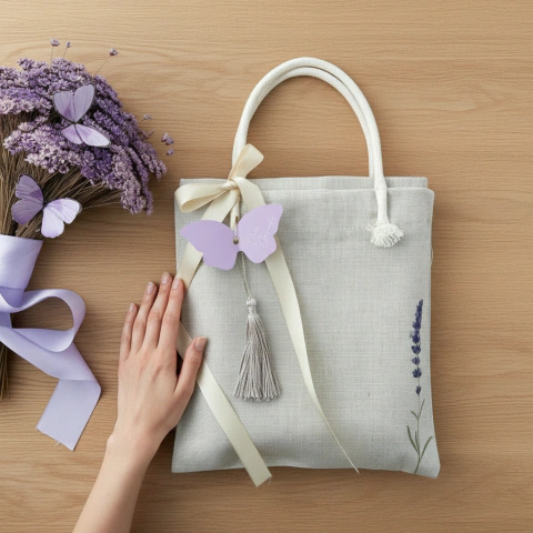 Sacola Ecobag de Linho Natural Lavanda lateral FT