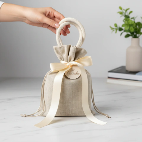 Saquinho Puxadinho Liso - Natural - Com Alça - Tag Personalizada