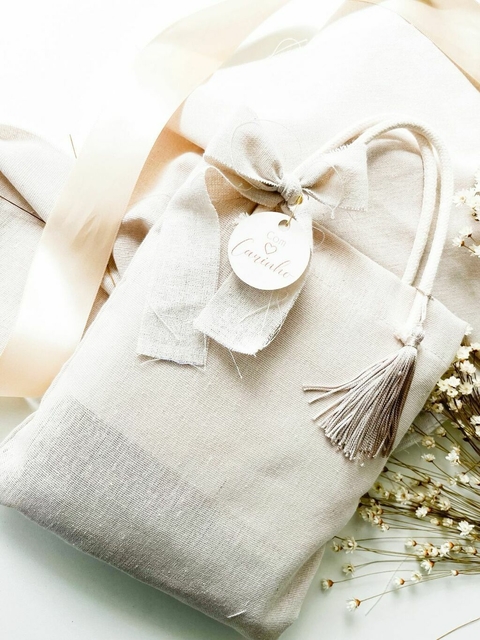 01 Sacolas Ecobag Linho Natural Alça em Cordão Laço de Linho + Tassel
