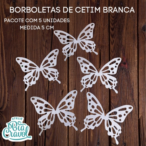 Borboleta de Cetim - Mod 01 - TAM G - BRANCO - 5 cm - Pcte com 5 un - Bia Cravol