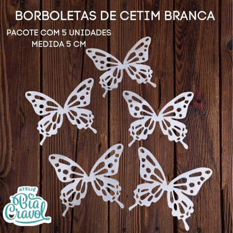 Borboleta de Cetim - Mod 01 - TAM G - BRANCO - 5 cm - Pcte com 5 un - Bia Cravol