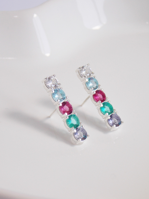 Brinco em prata 925 legítima feminino palito com zircônias grandes e coloridas - comprar online