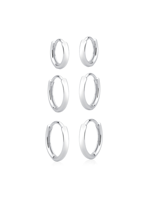 Trio brincos de argolinhas de click lisas e finas em prata 925 - comprar online