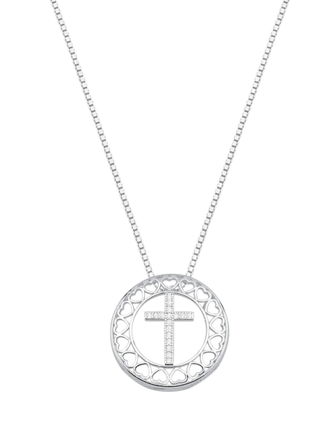 Colar feminino em Prata 925 legítima com pingente redondo com cruz no meio cravejado com zircônias e corações vazados