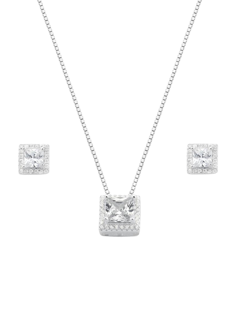 Conjunto Brinco e Colar em Prata 925 legítima Zircônia quadrada cravejada com Zircônias ao redor ponto de luz