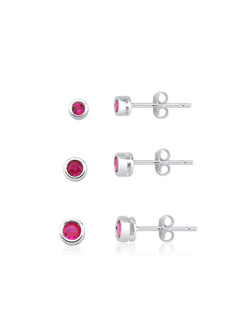 Trio de brincos prata 925 cravação inglesa zircônias rosa rubi - comprar online