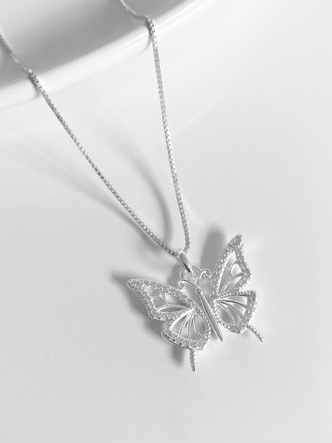 Colar Feminino em Prata 925 Legítima com Pingente de borboleta Cravejado com Zircônias Veneziana V15