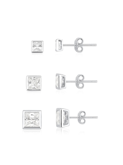 Trio kit de brincos de zircônia quadrados em prata 925 cravação inglesa ponto de luz 3mm 4mm 5mm - comprar online